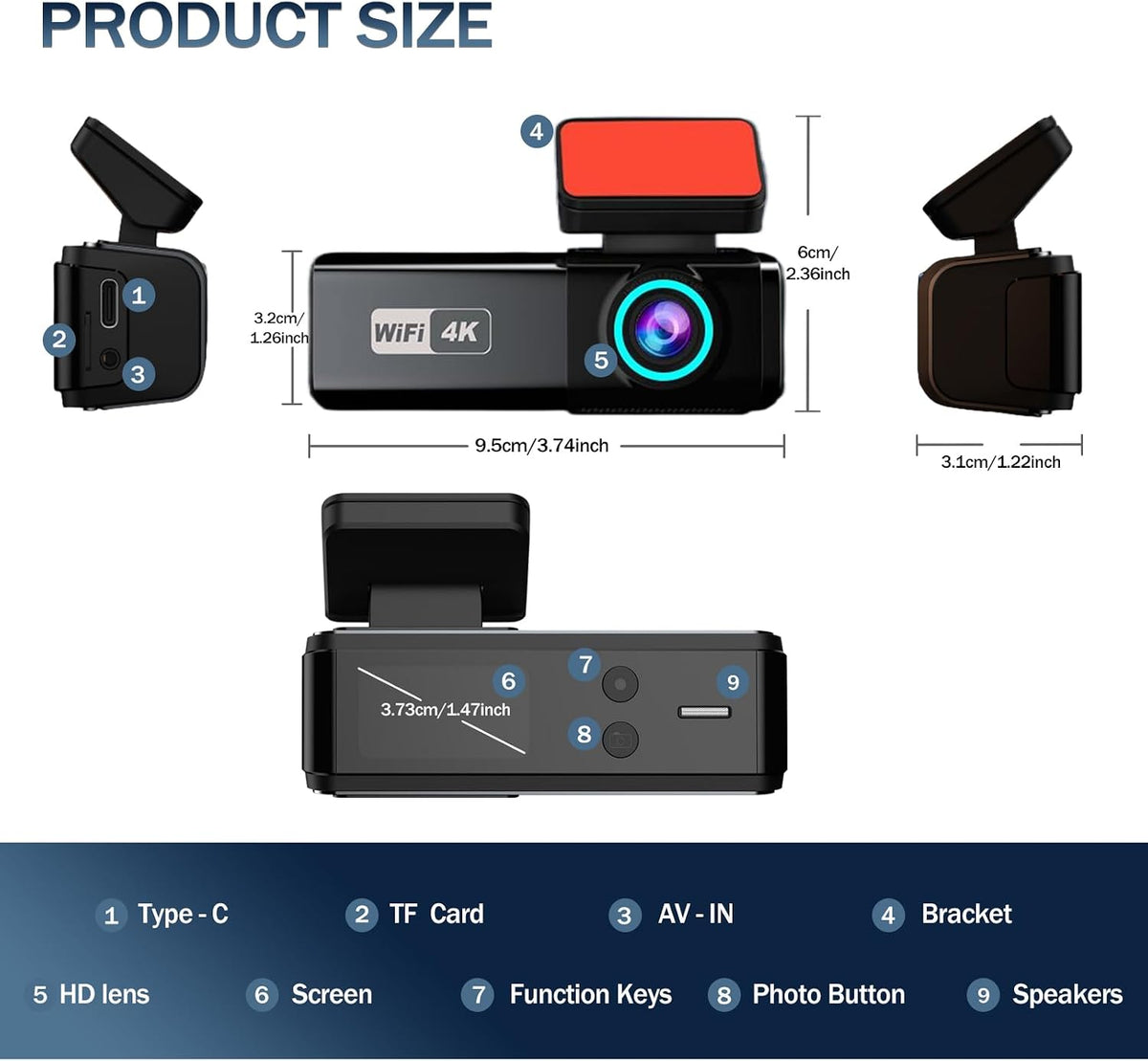 4K Dash Cam, Front and Rear Dual Dash Camera for Cars with 64GB Card, 5.8GHz WiFi, 360° Swivel Rear Camera, App Control, WDR, G-Sensor, Night Vision, Loop Recording, Parking Mode