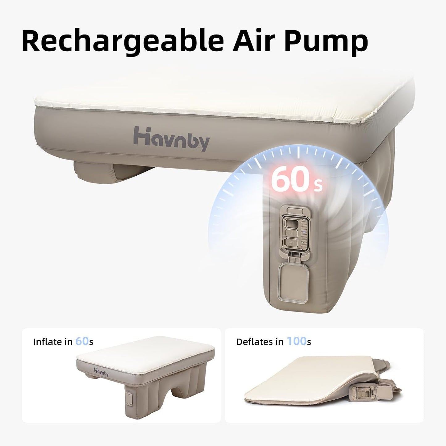 Havnby SUV Car Bed, TPU Air Foam Inflatable Backseat Mattress, Rearseat Camping SnugNest with Rechargeable Built-in Pump, Portable Blow Up Travel Sleeping Mattress for SUV