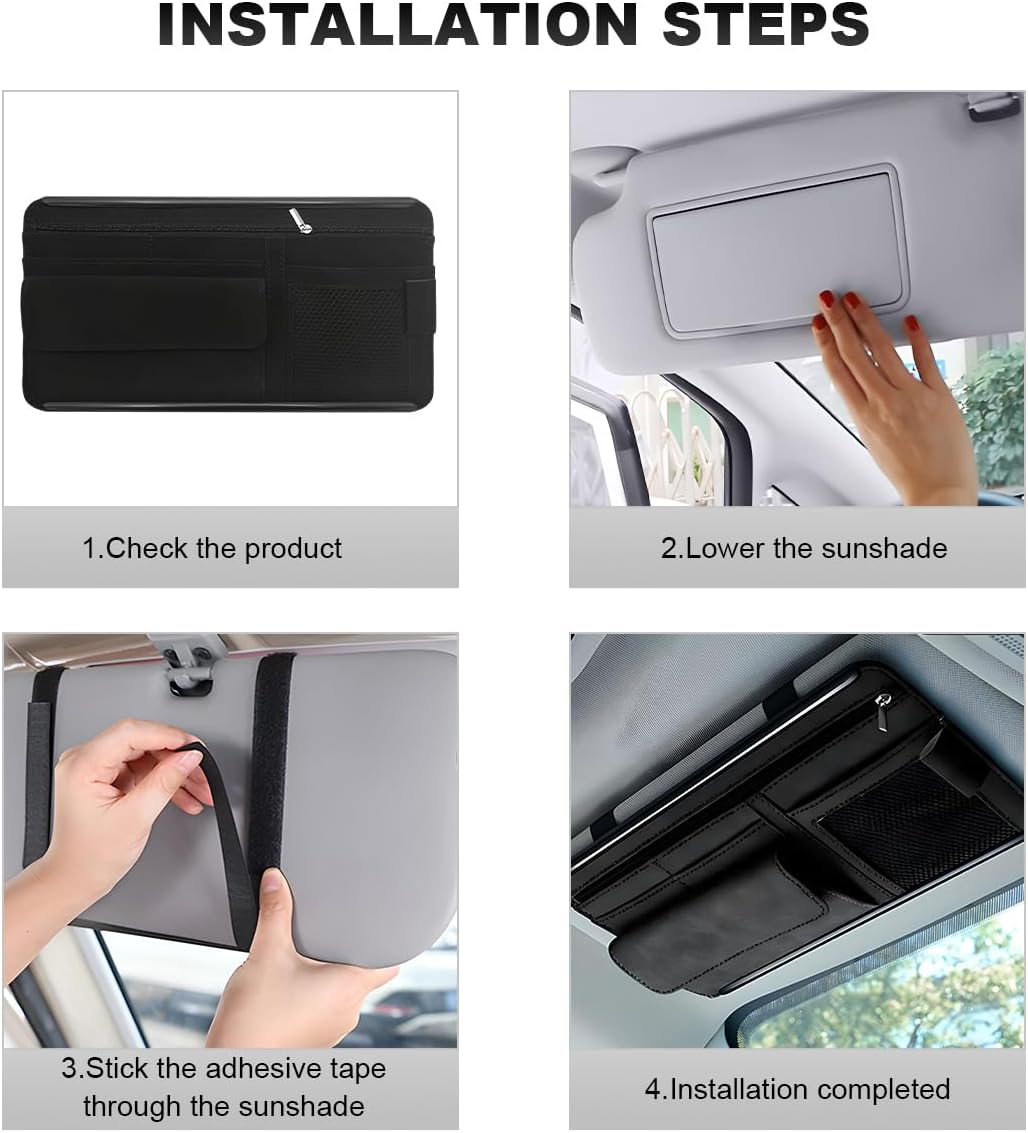 Car Sun Visor Organizer, Leather Sun Visor Pocket Organizer Case with Multi-Pocket Net Zipper, Suede Note Holder Car Visor Storage Pouch for Card Pen Sunglasses Document (Black)