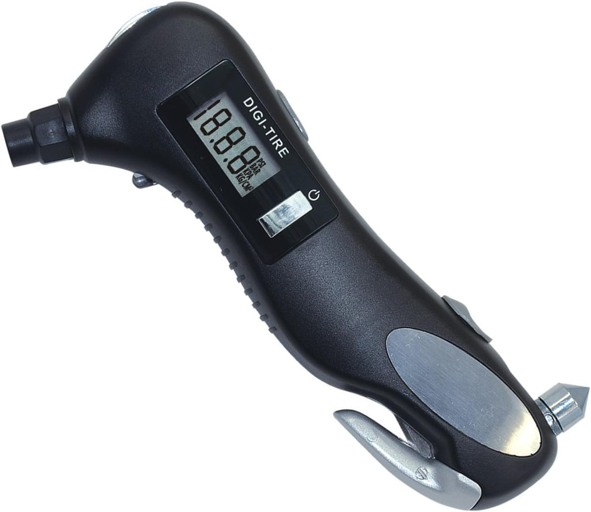 5 in 1 Rescue Emergency Tool for Car, Motorcycle and Other Vehicle - 150 PSI Digital LED Tire Pressure Gauge Monitor, Safety Hammer, Flashlight, Seat-Belt Cutter, Red Safety Light.