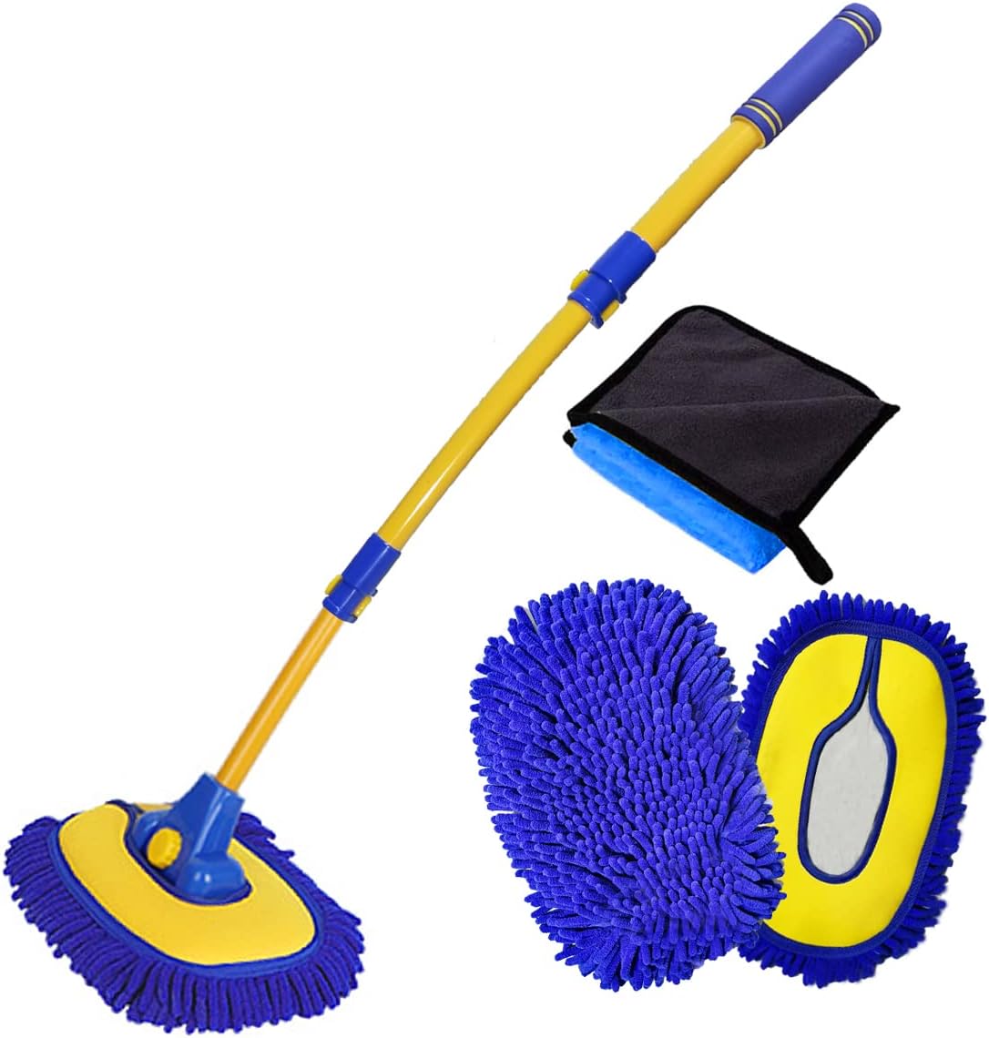BMLEI Car Wash Brush with Long Handle, Microfiber Towels Car Wash Kit Cleaning Supplies, Car Wash Mop Mitt with 2 Replacement Head , Extension Pole Car Brush Cleaning Kit for Cars Trucks