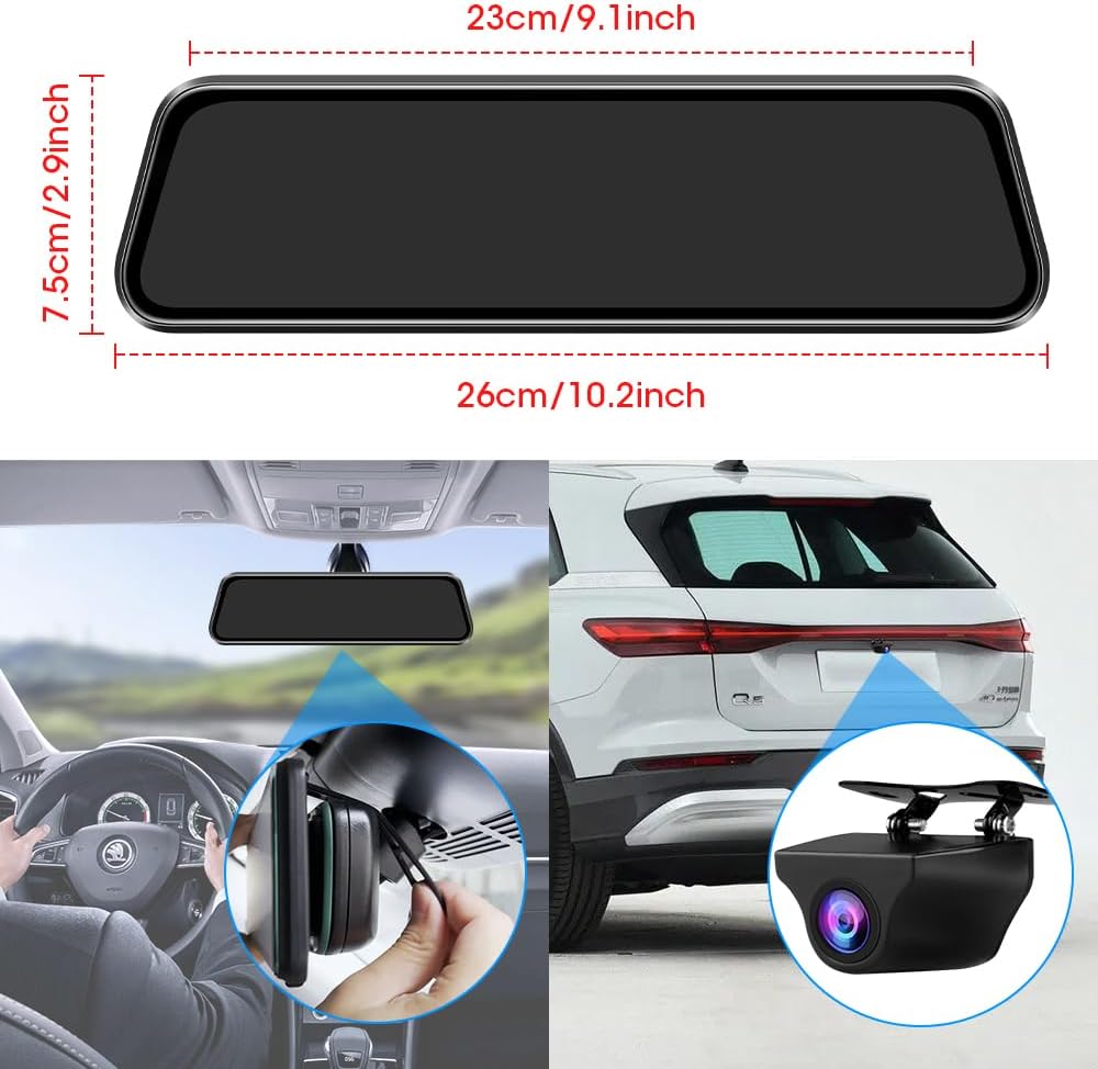 Upgraded 10'' Rear View Mirror Camera Mirror Dash Cam Front and Rear 1080P Backup Camera Full Touch Screen w Loop Recording, G-Sensor Night Vision 170° Wide Angle