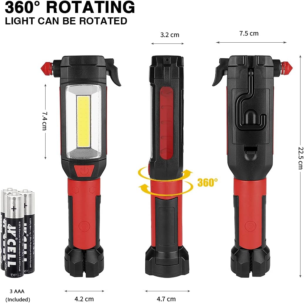 Maksone 9-in-1 Emergency Auto Tool with Flashlight, Window Breaker & Seat Belt Cutter, Magnetic LED Work Light with Hook for Car Repair, Camping, and Emergency Use (Battery Included) (1 Pack)