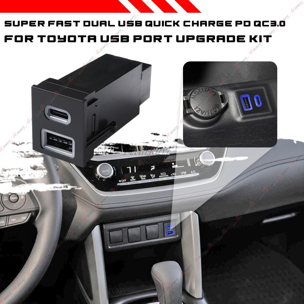 Car Charge,Center Console Original USB Port Upgrade Convert USB-C PD + USB-A QC3.0 Port Socket Kits Fit for Toyota RAV4/Corolla Cross/C-HR/Sequoia, Prius,/Tundra,Blue LED