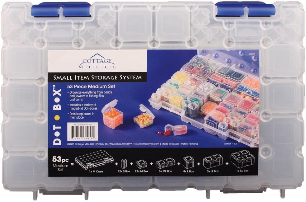Cottage Mills DotBox Medium Set 53 pcs from 52 Storage Boxes in a Carrying Case. It’s the Ultimate Small Item Storage System. Perfect for Bead, Jewelry, Craft and Small Part Storage.