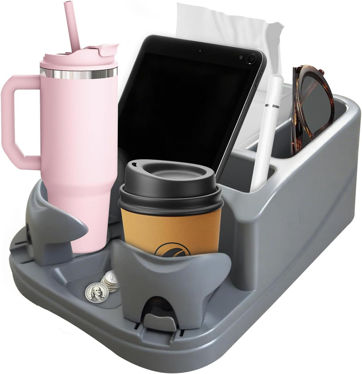 Car Center Console with Adjustable Cup Holders, Universal Center Console Organizer for Truck, Cars, Minivans, Suvs, Truck Floor Console, Bench Seat Center Console (Pink)