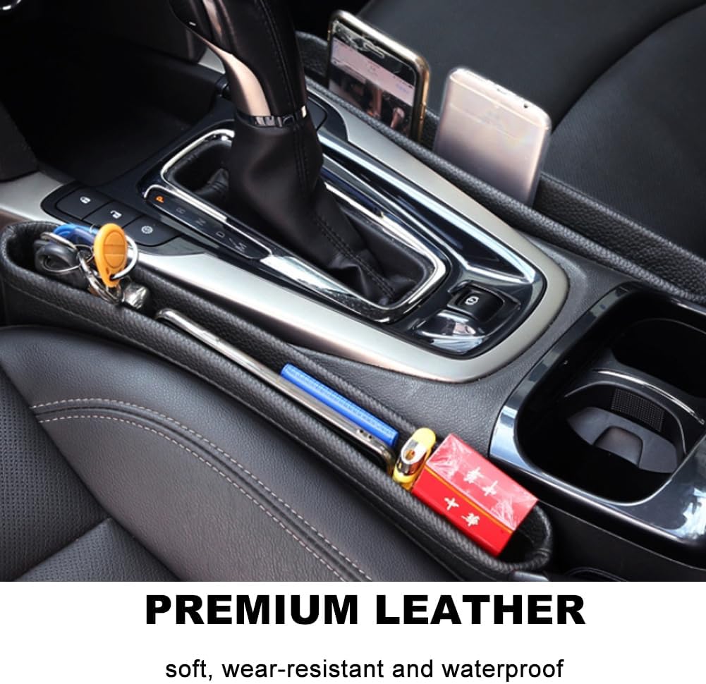 Tumecos Car Seat Pockets PU Leather Car Console Side Organizer Seat Catcher Holders Compatible with Phone Key Wallet Phone Sunglasses 2 Pack (Black)