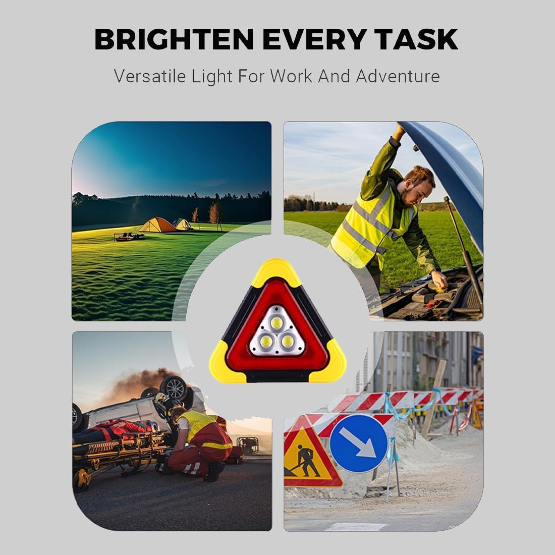 LED Emergency Triangle Warning Light, USB Rechargeable Solar Road Safety Triangles with Reflective Triangle Design, Waterproof Road Flares for Car Truck RV Breakdown Emergency (1PC)