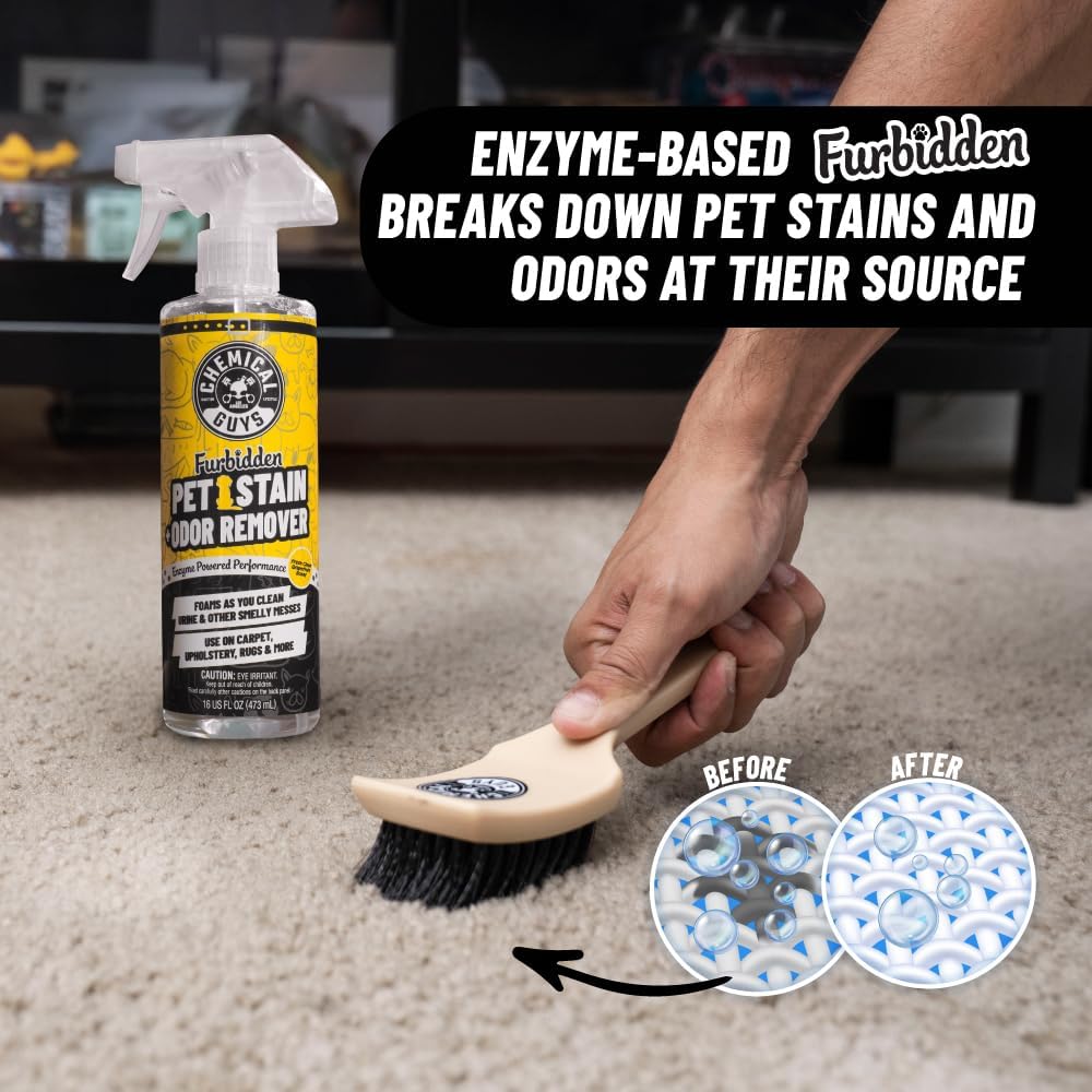 Chemical Guys Pet Mess Cleaning Kit, Furbidden Odor Eliminator 16 oz with Interior Detailing Brush Cleans, Pet Smells, Hair and Light Dirt for Cars Trucks SUVs Home Interiors and Upholstery Care