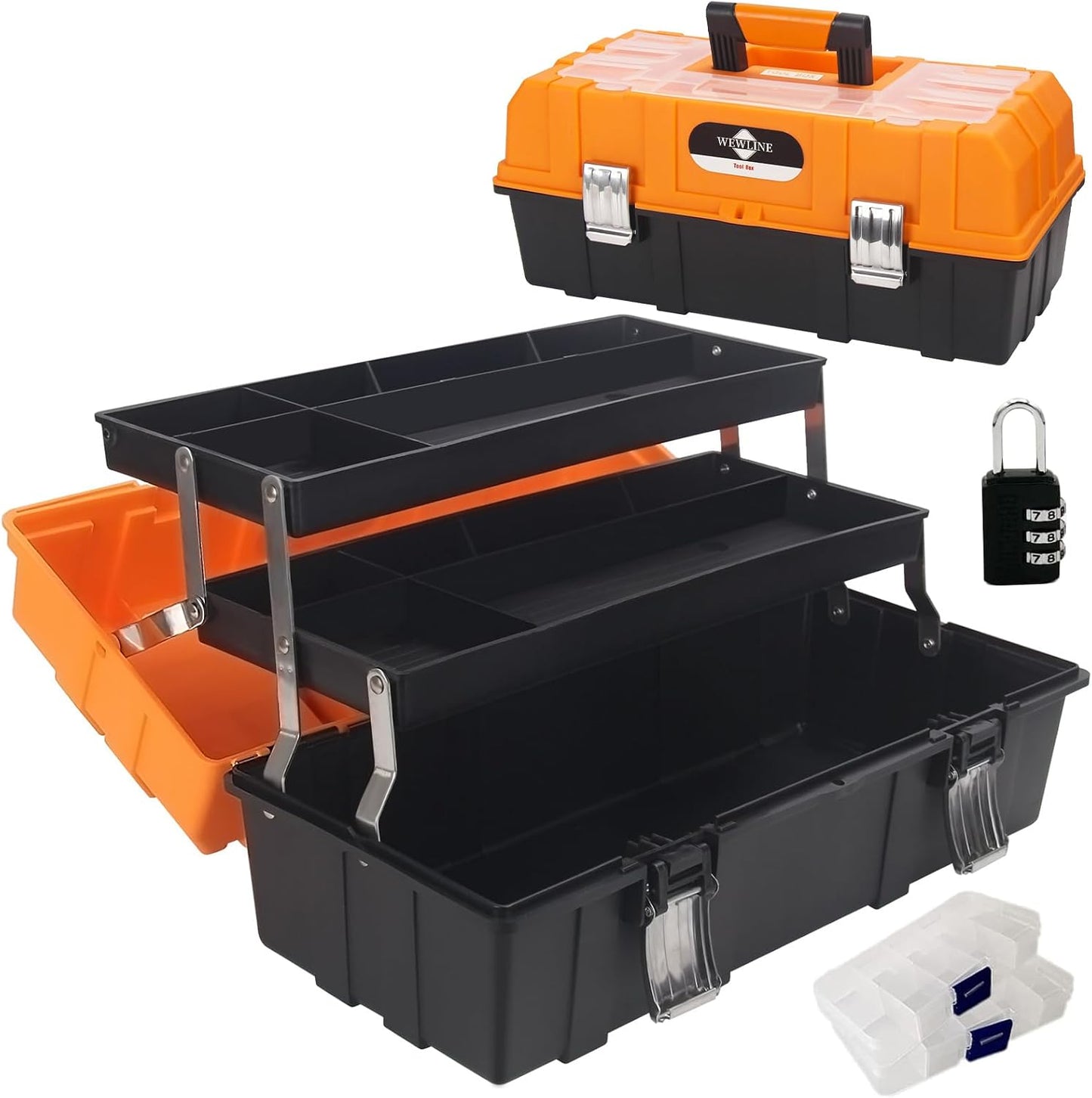 WEWLINE 16.5-Inch Tool Box Organizer 3-Layer Multiplication Plastic Storage Toolbox with Portable Handle Perfect for Home Office Car Trunk Fishing