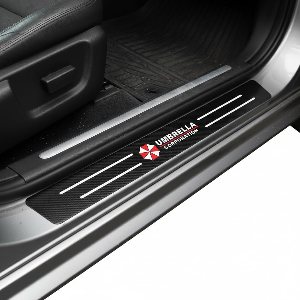Car Door Sill Guards Front & Rear Car Door Threshold Protector Carbon Fiber & Textured Leather Door Sill Protectors (Protective Umbrella, 4 Pcs)