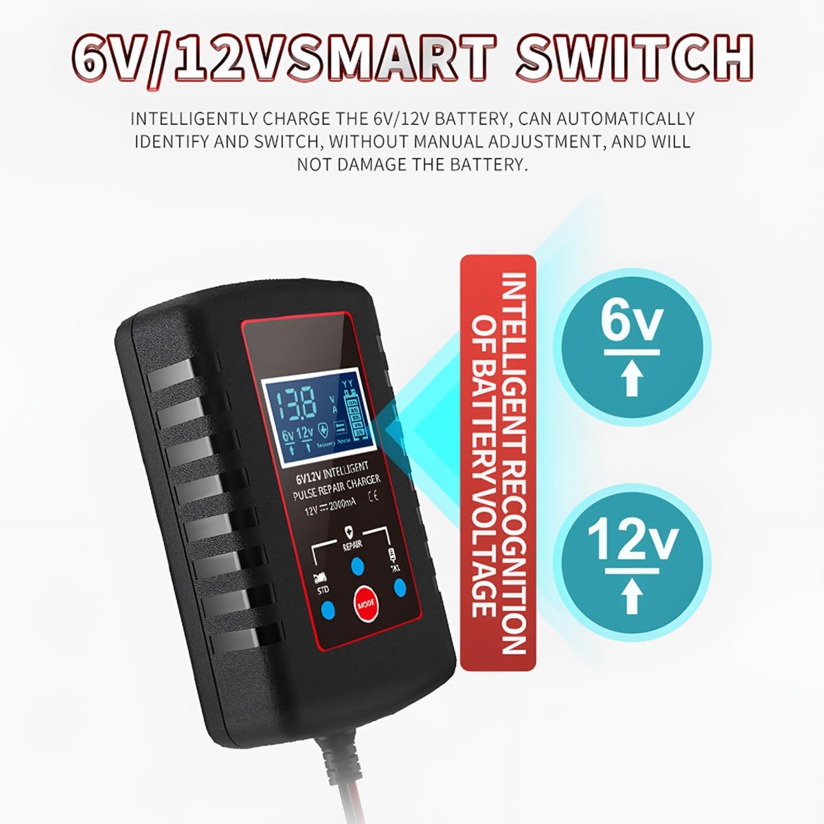 zipelo Car Battery Charger, 6V 12V Automatic Smart Trickle Battery Charger, Intelligent Pulse Repair Charger with ASE Adapter Cable, Battery Desulfator for Motorcycle Lawn Mower Marine