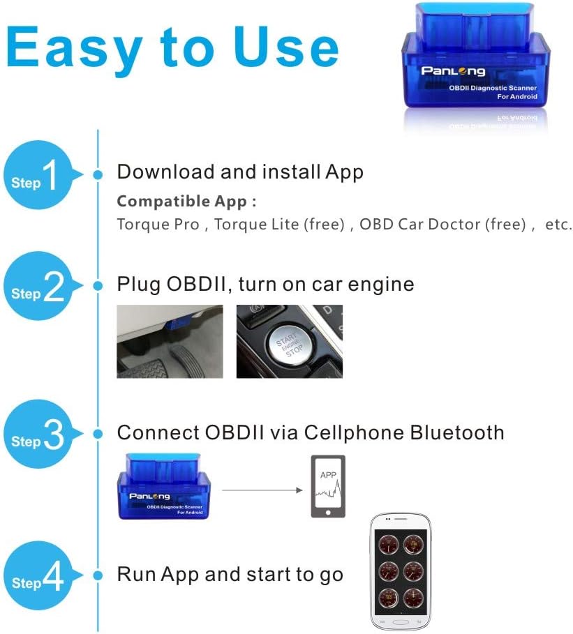 Panlong OBD2 Scanner Bluetooth OBDII Diagnostic Tool Car Code Reader Turn Off Check Engine Light Support Android