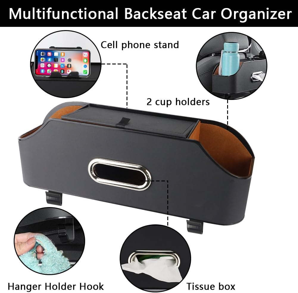 Abnaok Back Seat Car Organizer, 4 in 1 Multifunctional Car Back Seat Storage Box with Drink Cup Holder Tissue Box, for Hold Phone,Snacks, Drinks, Handbag