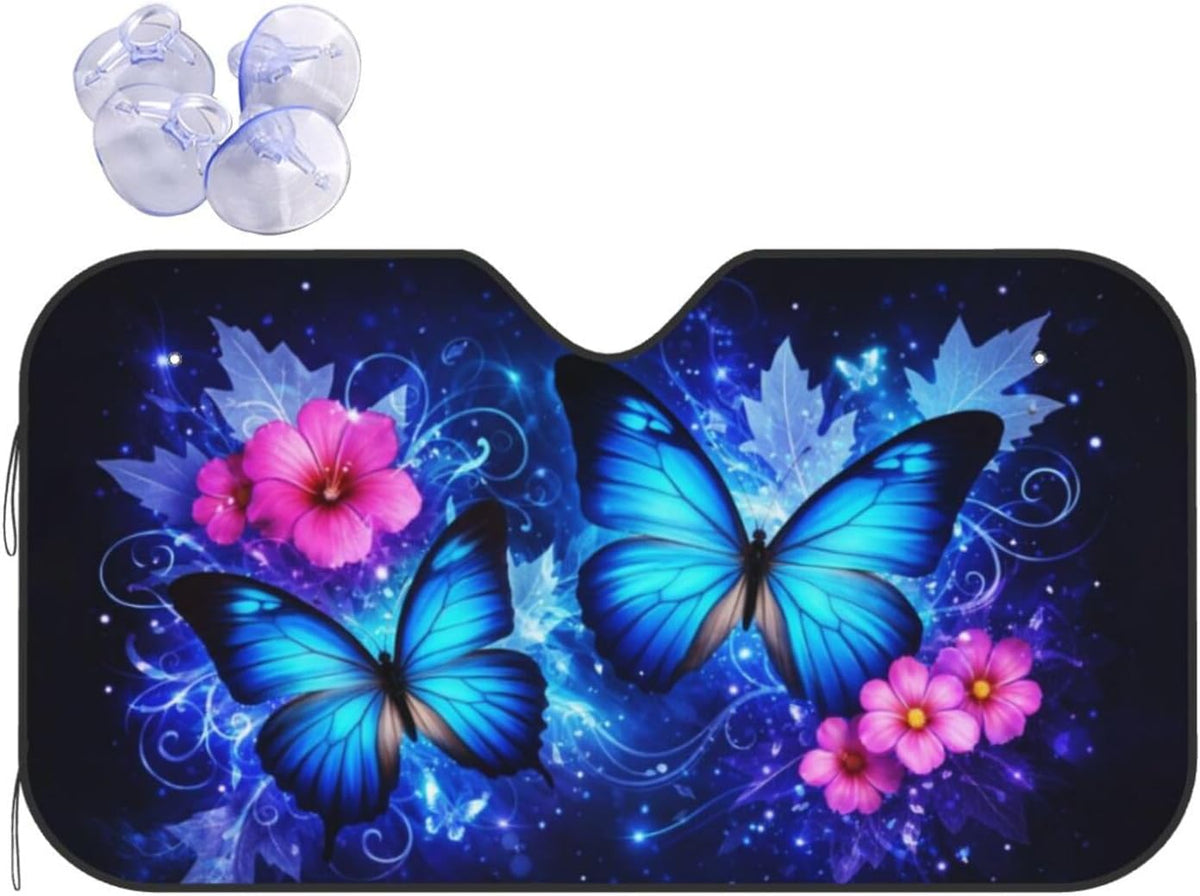 Windshield Sun Shade, UV Blocking and Keep The Vehicle Cool Car Windshield Sun Shade Foldable for Hatchback Truck SUV MPV (Blue Butterfly Floral, M)
