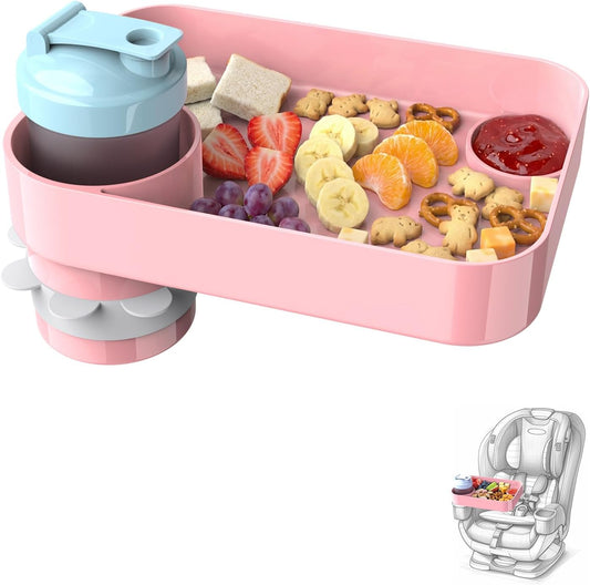 Car Seat Snack Tray for Toddlers, Reduces Mess Square Travel Tray Cup Holder Snack Tray, Durable Car Food Tray for Kids, Universal Fit Kids Travel Road Trip Essentials(Pink)
