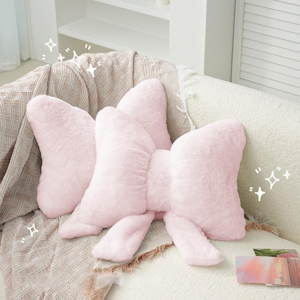 LYFJMUS 4 Pack Plush Bow Car Headrest Pillow and Lumbar Support Pillow Soft Butterfly Car Neck Pillows for Driving Cars Decor (Pink)