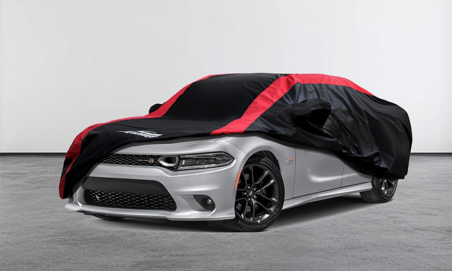 Dodge Charger Car Cover Waterproof All Weather with Red Strip Design, Custom Fit for Dodge Charger 2006–2023, Charger Accessory with Door Zipper & Windproof Straps