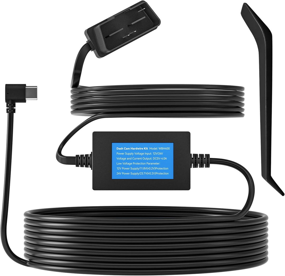 WOLFBOX USB C 4A OBD Hardwire Kit 11.48ft for All WOLFBOX Dash Cams, Converting 12V-24V to 5V, with Battery Drain Protection
