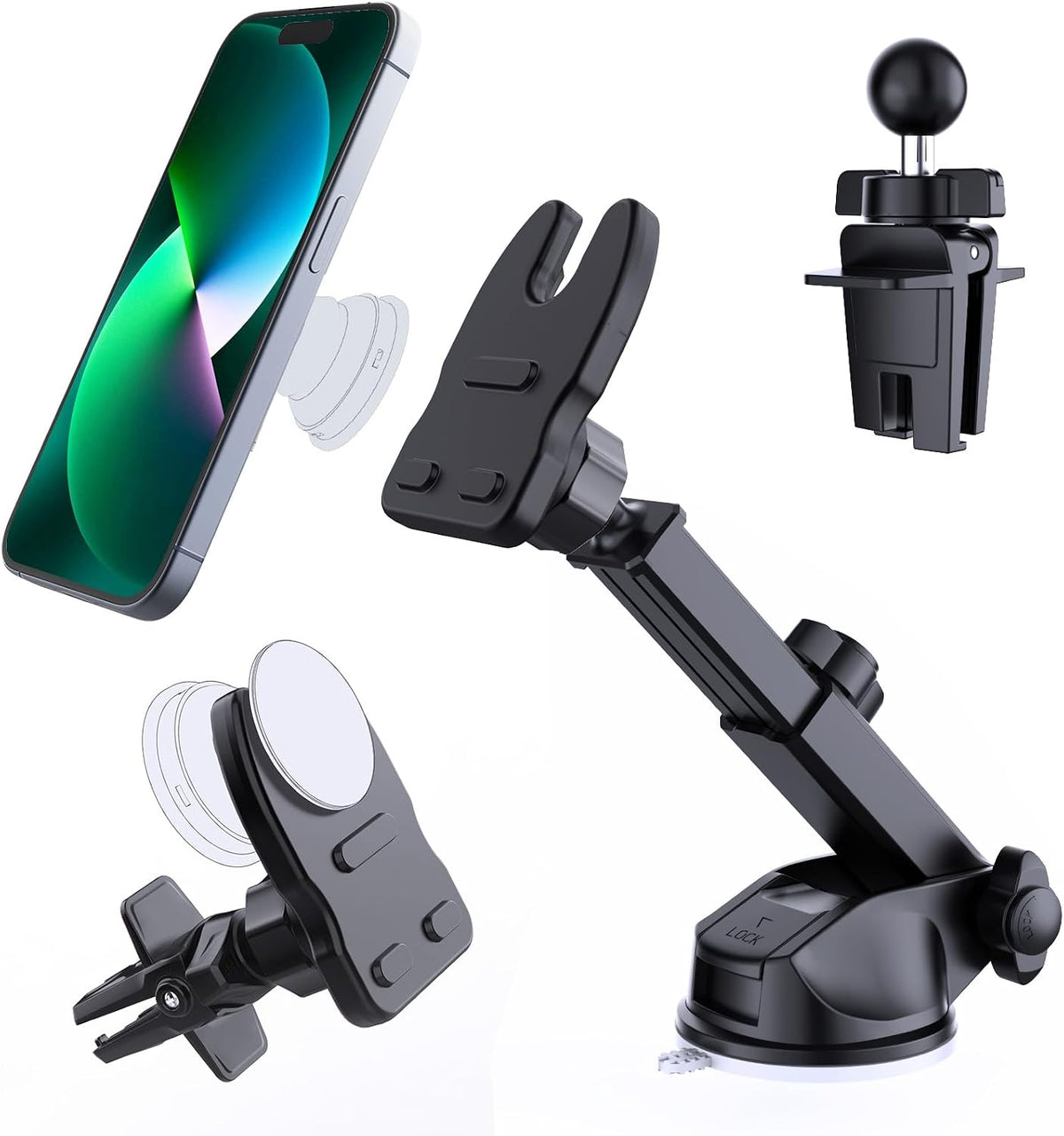 Socket Car Mount for Dashboard Air Vent Windshield,Car Phone Holder for Socket Grip with 2 Mounts,3 in 1 Stable Air Vent Clip Powerful Suction Cup Phone Holder Fit for All Car
