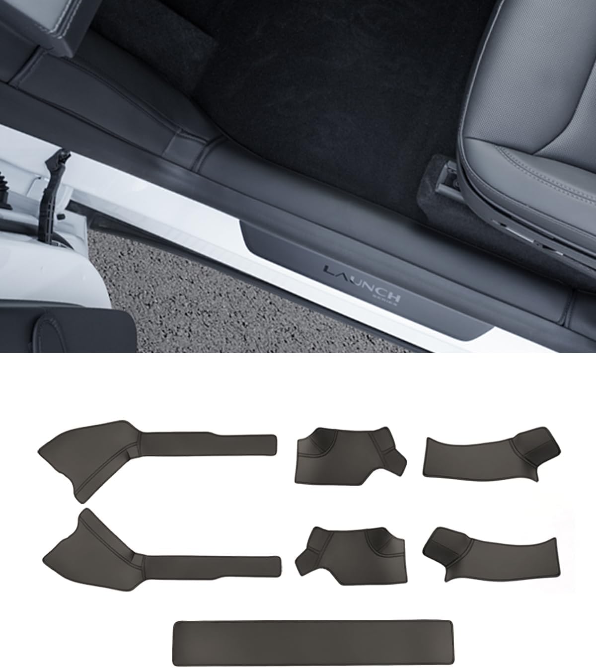 Model Y Juniper Door Sill Protector, 5 Seater Leather Fabric Door Sill Protector Model Y, Front and Rear Door Plus B Pillow Full Protection Door Entry Guards Accessories Set of 6