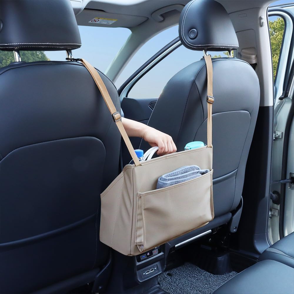 Viaviat Car Handbag Purse Holder Between Seats Leather Car Front Seat Storage Bag Large Capacity Car Organizers for Book Document Phone Bottle Tissue Toy (Beige Style-1)