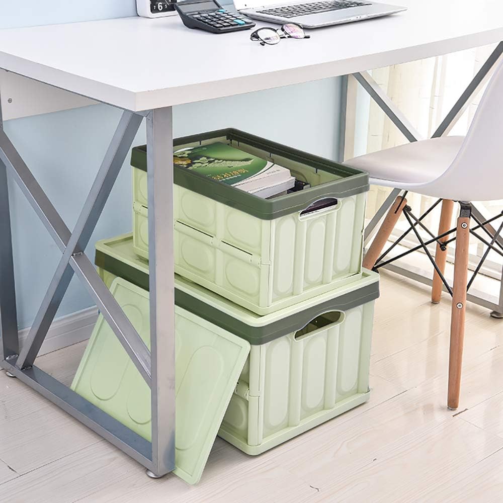 Lidded Storage Bins 2 Pack 30L Collapsible Storage Box Crates Plastic Tote Storage Box Container Stackable Folding Utility Crates for Clothes Books Snack Shoe Bag and Grocery Storage Bin-Green
