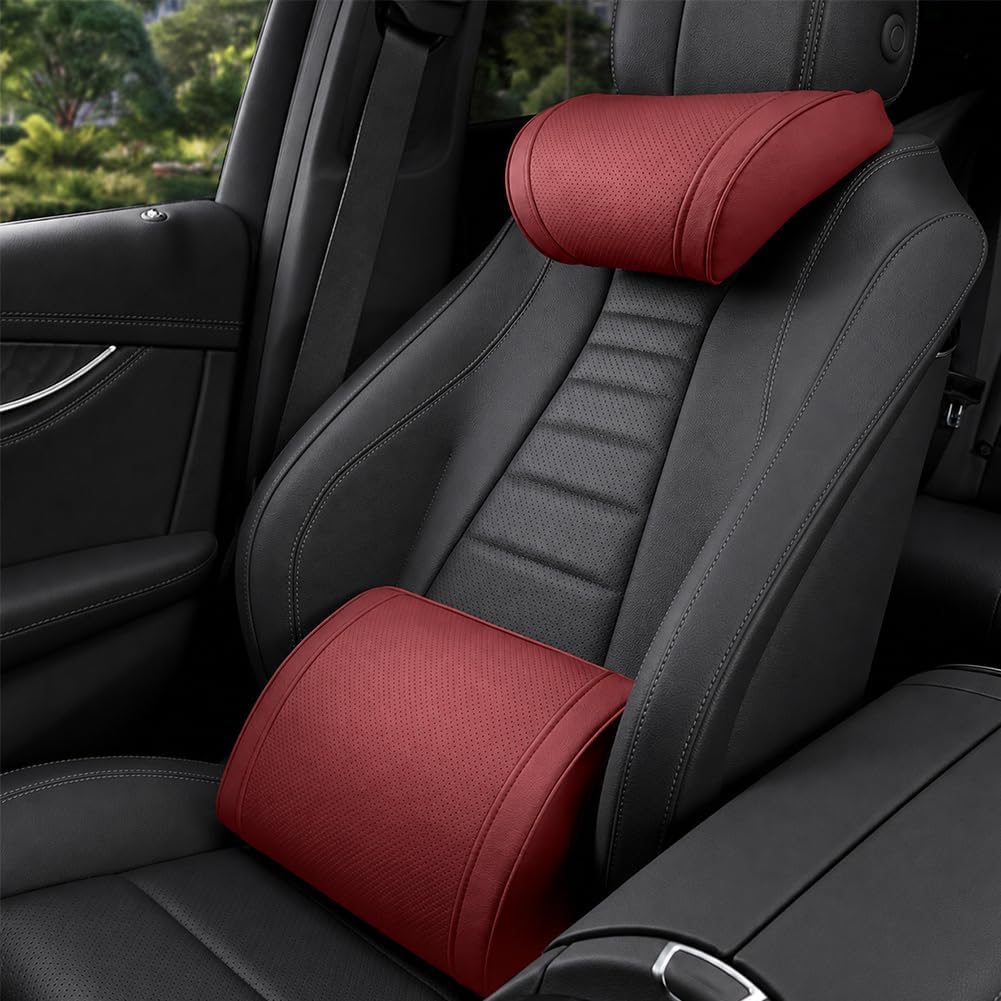 Ergonomic Headrest and Lumbar Support Set for Car Seats, Breathable Perforated Leather Car Pillows, Luxurious Memory Foam Neck Pillow for All Cars, Eases Neck Fatigue for Long Driving(Amber)