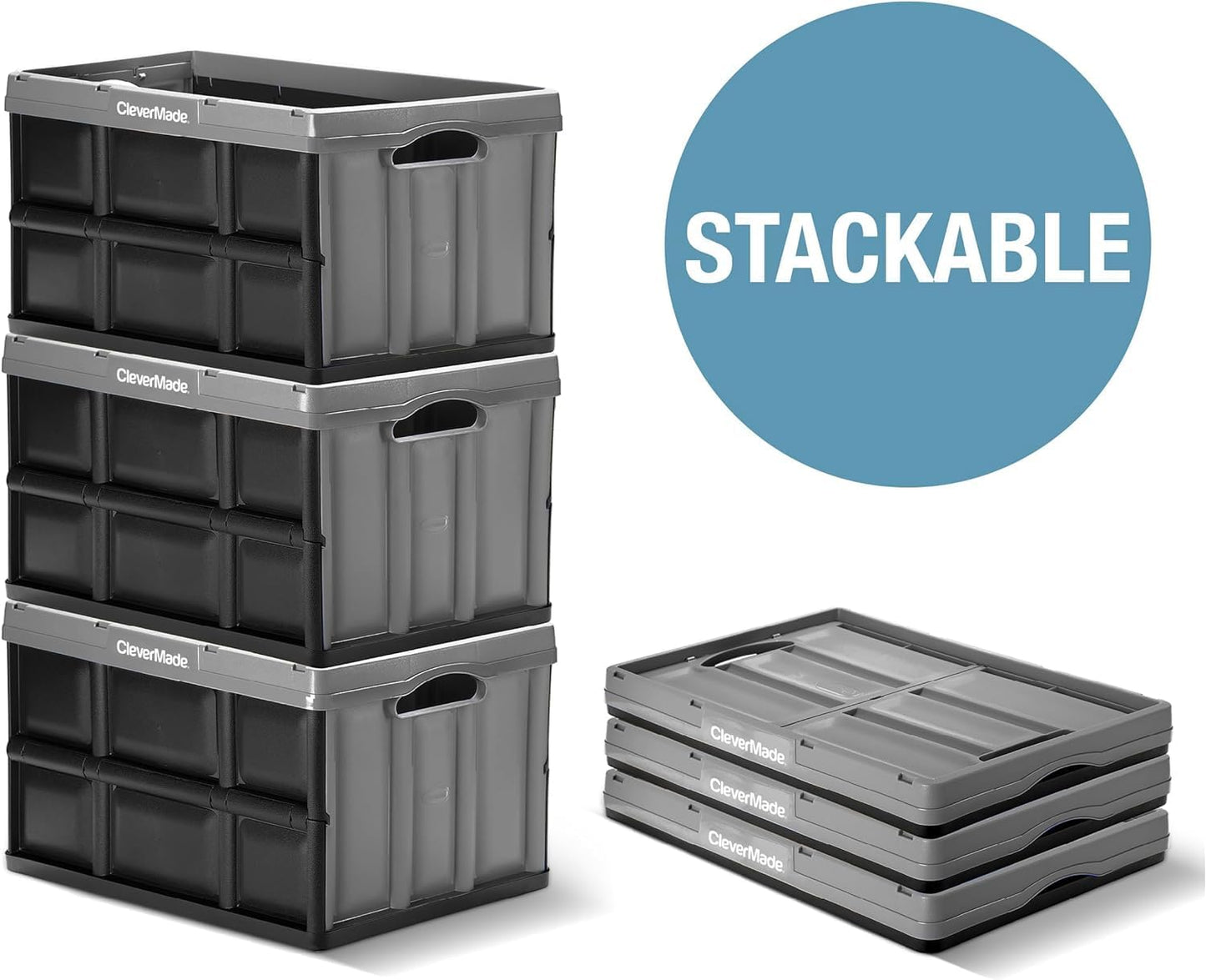 CleverMade Collapsible Storage Bins, 32L 3 Pack, Durable Plastic, Obsidian | Built-in handles simplify garage, car and household organization, while the roomy open-top keeps bulky supplies accessible