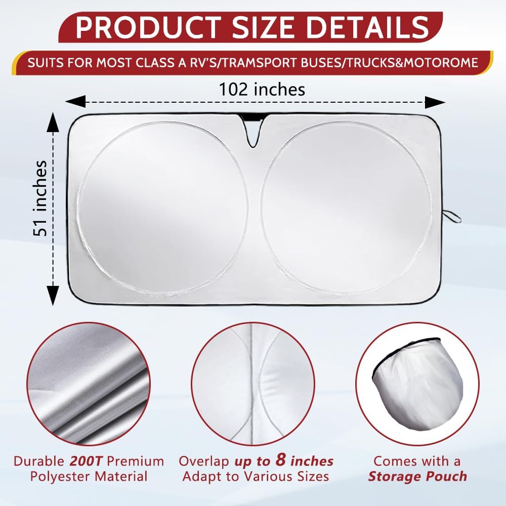 Class A RV Windshield Sunshade Cover, Reflective Window Film for Trailer Heat Blocker, RV Murts UV&Heat Front Truck Shade, Camper, Motorhome, Bus, XXXL-102 x 51 inches, Lightweight&Portable.