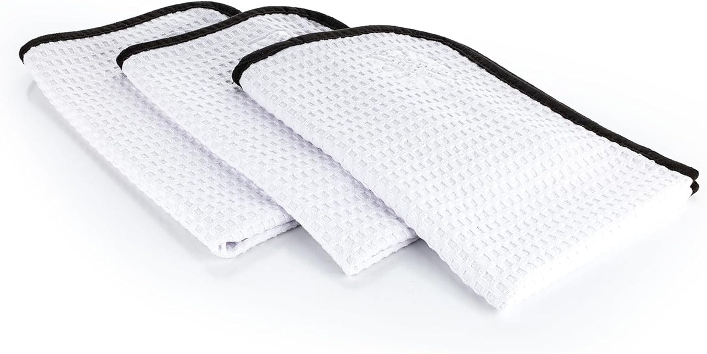 The Rag Company - Dry Me A River, Professional Korean 70/30 Blend Microfiber Waffle-Weave Drying & Detailing Towels, Soft Suede Edges, 390 GSM, 16x24 Inches, White, 3-Pack