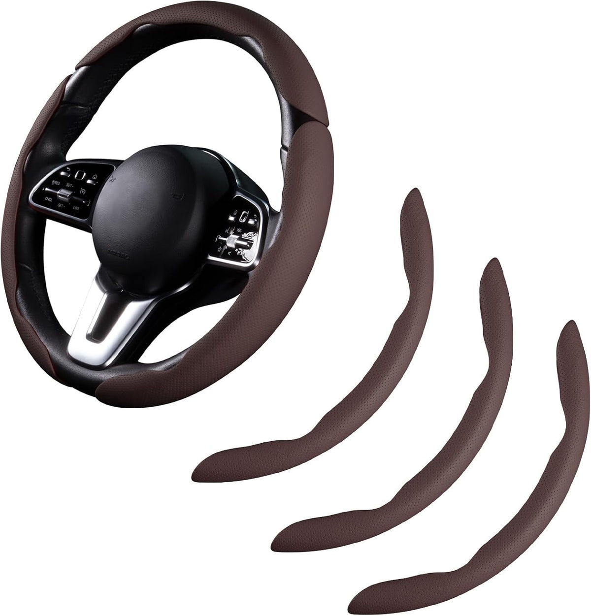 Car Steering Wheel Cover Leather 14.5-15 in Universal 3Pcs Set Wine Red