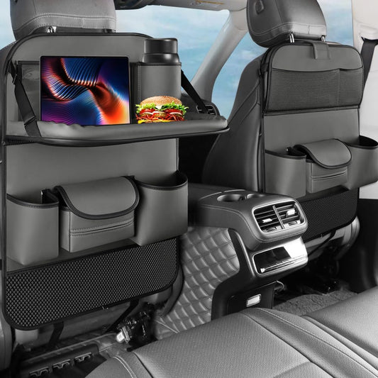 2PCS Car Backseat Organizer Seat Back Protectors Kick Mats with Foldable Table Tray, PU Leather Car Storage Organizer with Tablet Holder, Car Tissue Holder Kids Toys Storage Travel Accessories (Gray)