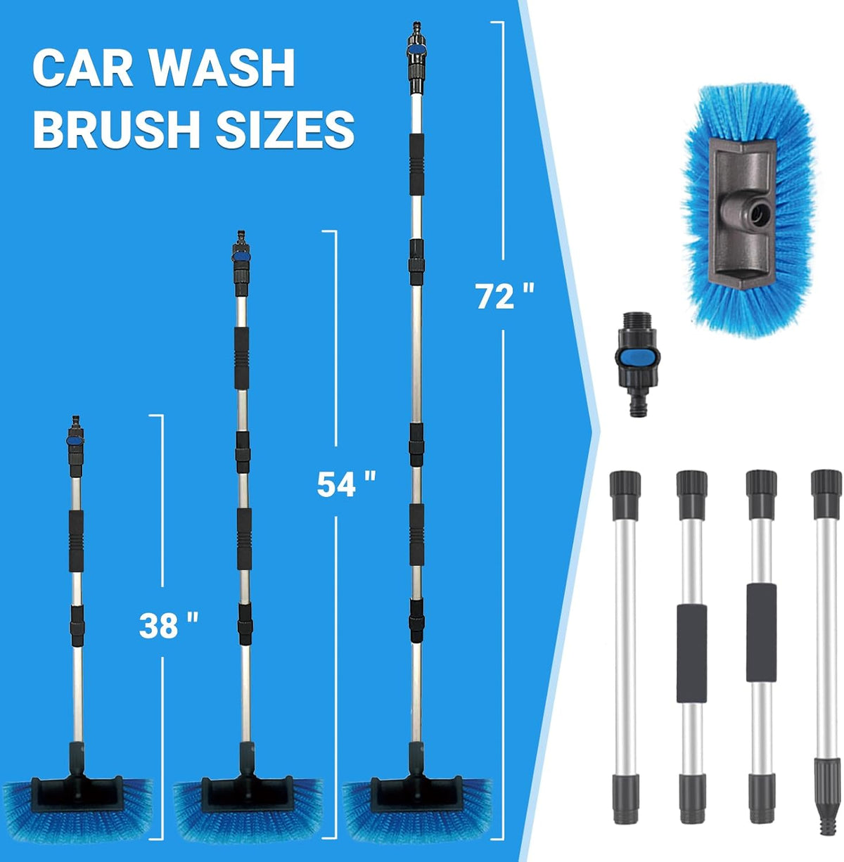 72" Car Wash Brush with Long Handle, On/Off Switch for Car RV Truck Boat Washing Brush, Complete Cleaning Kit with Car Wash Mop Windshield Squeegee Multifunctional Wash Brush