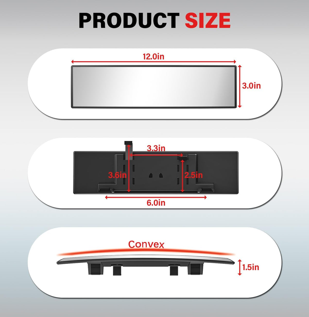 Rear View Mirror - Chrome Anti-Glare Panoramic Rearview Mirror 12 Inch Clip-On Convex Rearview Mirror, Reduces Blind Spots, HD Wide Angle,Shock Resistant for Cars, Trucks & SUVs (Light Chrome)