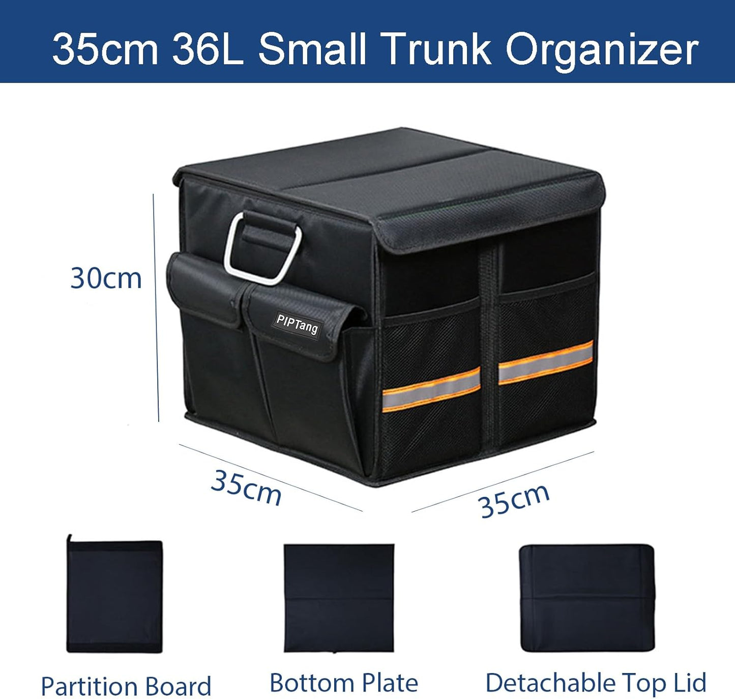 Trunk Storage Organizer with Lid, 35cm Small 36L Collapsible Car Trunk Organizer,Small Car Organizer Aluminium Handle, Car Accessories for Sedan Auto SUV Truck Minivan Road Emergency Black