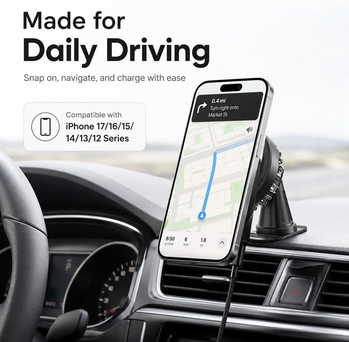 for MagSafe Car Mount Charger, Qi2.2 25W Active Cooling Wireless Car Charger with 83W Adapter, 2-in-1 Air Vent & Dashboard Magnetic Phone Holder for iPhone 17/16/15/14/13/12 Pro Max