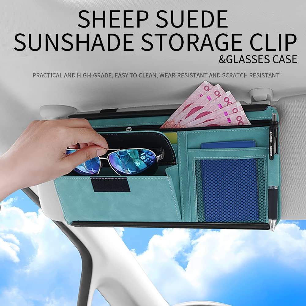Car Sun Visor Organizer Glasses Case Storage Bag Note Holder Car Suede Zipper Card Hold Car Organizers and Storage (Black)