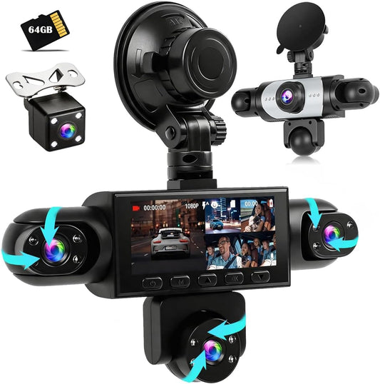 5-Channel Dash Cam Mirror, 360° Car Camera Front Rear Inside 1080P, HDR Night Vision, 24H Parking Mode, Loop Recording, Reverse Assist