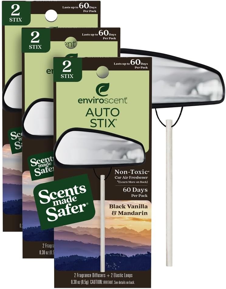 Enviroscent Non-Toxic* Car Air Freshener Auto Stix® - Scents Made Safer - Enjoy Fragrance Lasts Up to 180 Days - Includes Auto Stix® Diffusers & Elastic Loops - Black Vanilla & Mandarin (Pack of 3)