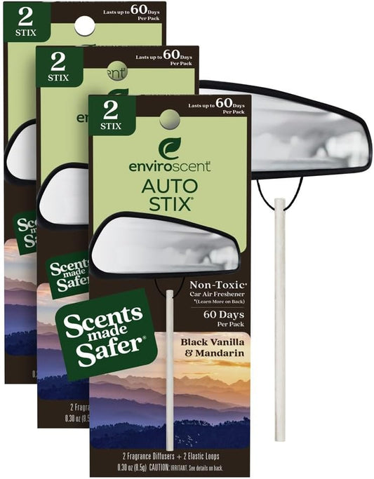 Enviroscent Non-Toxic* Car Air Freshener Auto Stix® - Scents Made Safer - Enjoy Fragrance Lasts Up to 180 Days - Includes Auto Stix® Diffusers & Elastic Loops - Black Vanilla & Mandarin (Pack of 3)