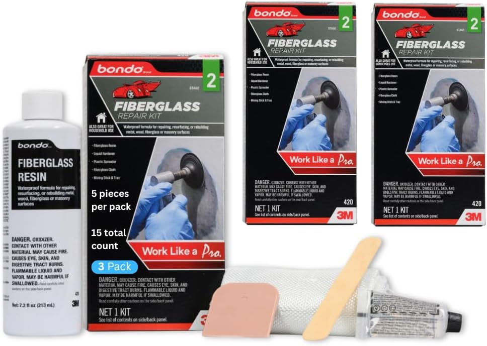 3M Bondo Fiberglass Resin Repair Kit, 00420, 0.45 Pint Each (Pack of 2) – All-in-One DIY Waterproof Multi-Surface Repair Solution for Automotive, Marine & Home Use
