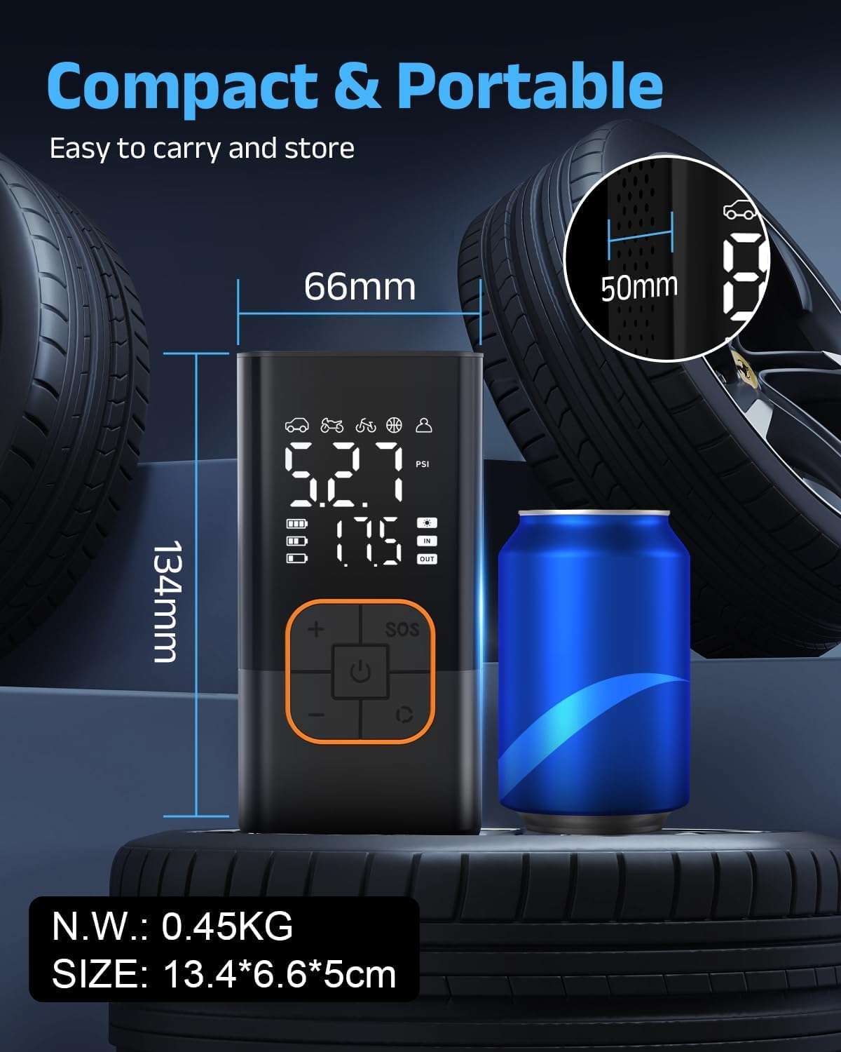 Tire Inflator Portable Air Compressor, Cordless Car&Bike Tyre Pump
