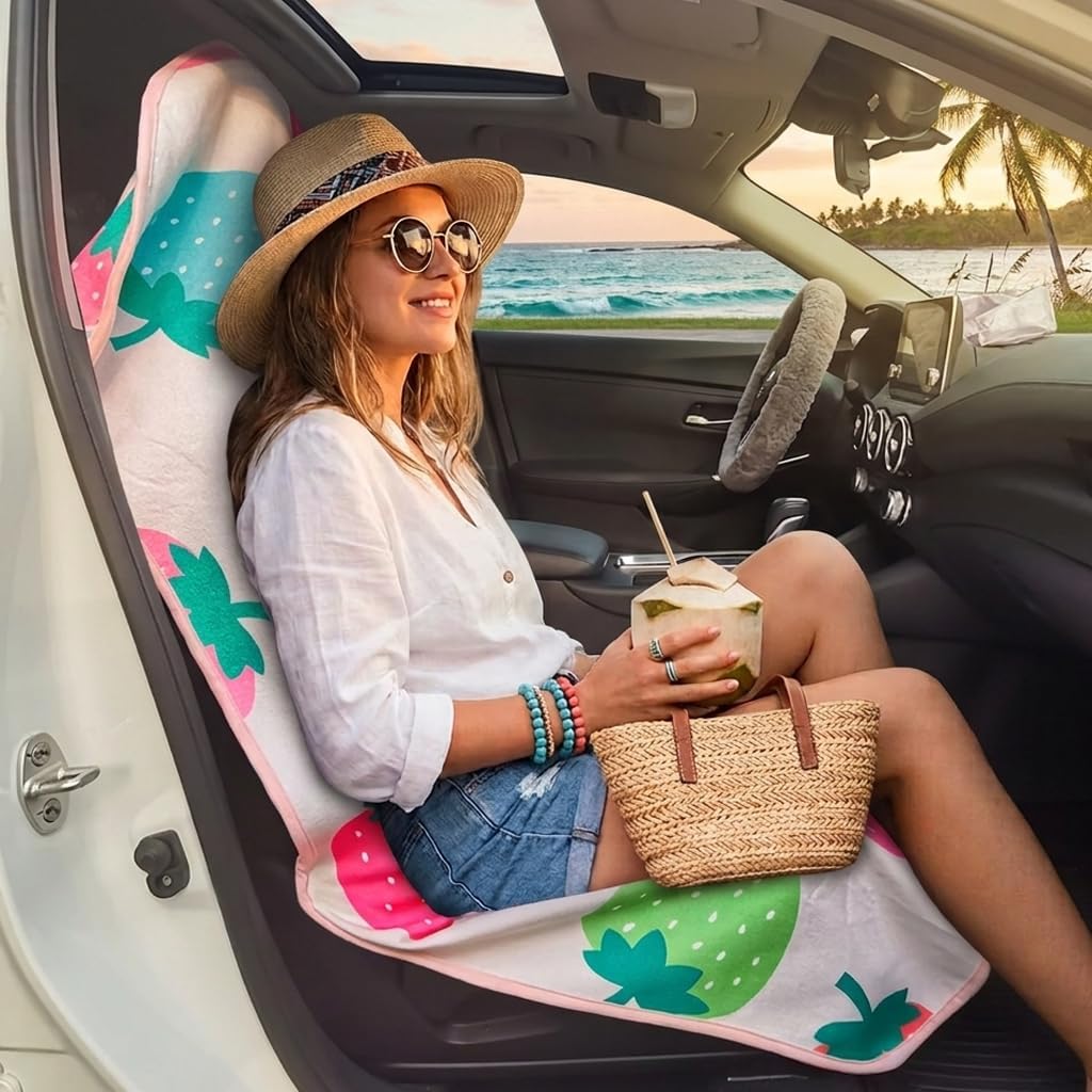 Car Seat Cover Protector Front Seats,for Gym Workout,Running,Swimming,Beach and Hiking,Waterproof Sweat Towel Bucket Seat Covers for Cars SUV Trucks (Strawberry, 2Pcs)