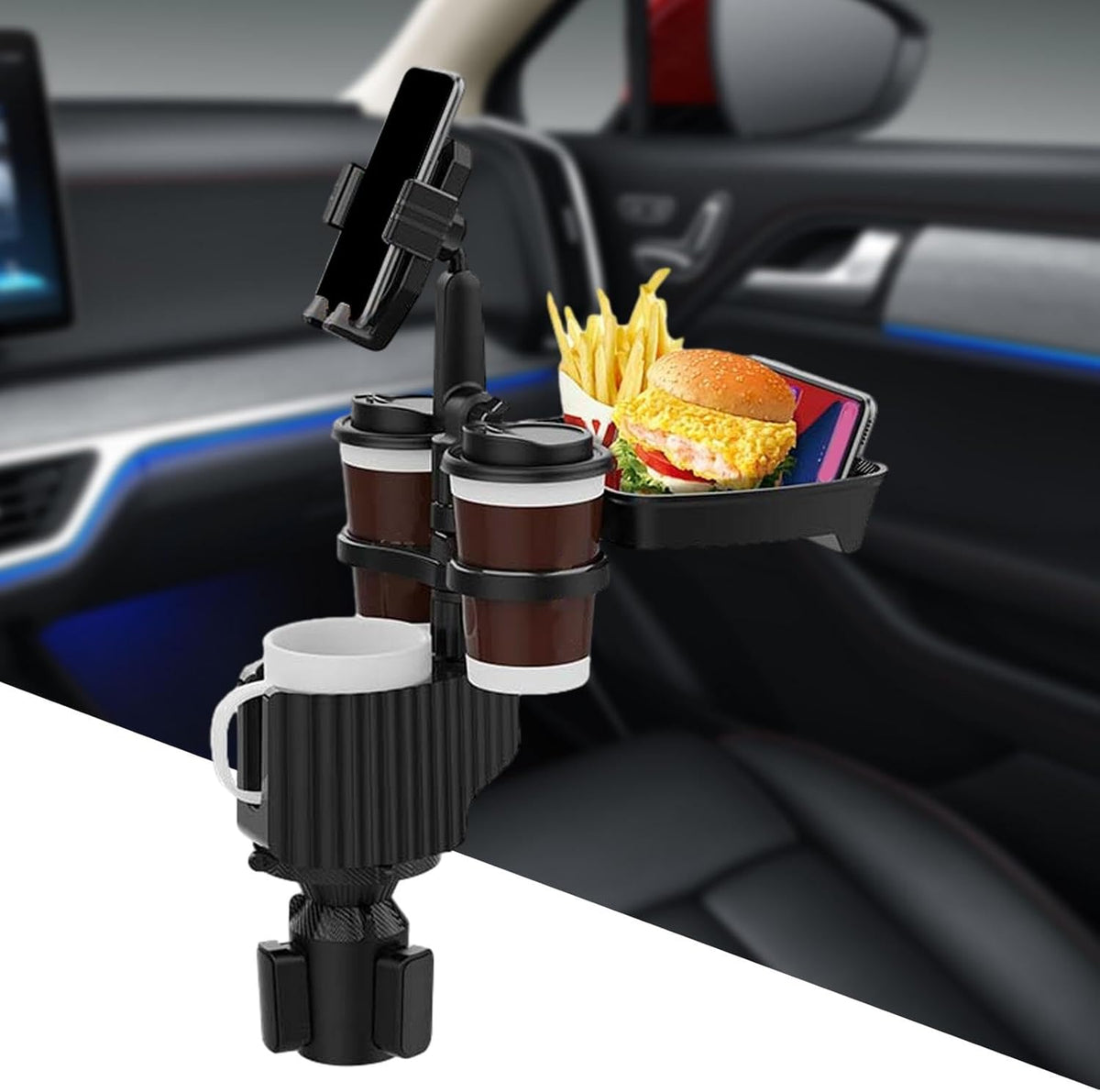 Cup Holder Tray for Car - 5 in 1 Adjustable Car Cup Holder Phone Mount with Food Tray, Holder Expander with 360°/180° Rotation, Automotive Extender Accessories for Auto Trucker Road Trip