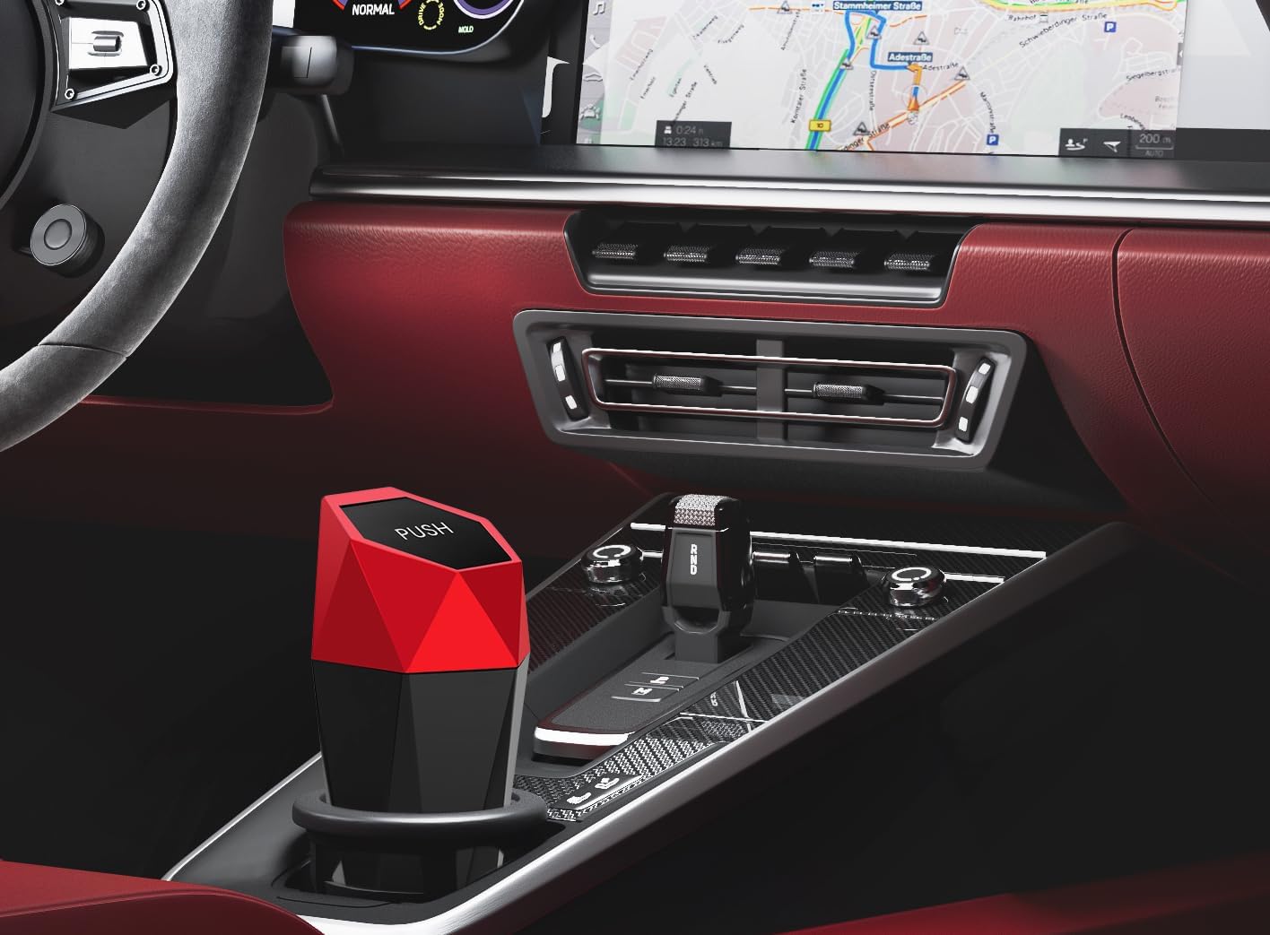 Ginsco Car Trash Can Cup Holder, 2 Pack Mini Car Trash Can with Lid, Car Accessories for Interior, Leakproof Small Trash Cup for Car, Home with Additional 2 ABS Hooks and 90pcs Trash Bags Red