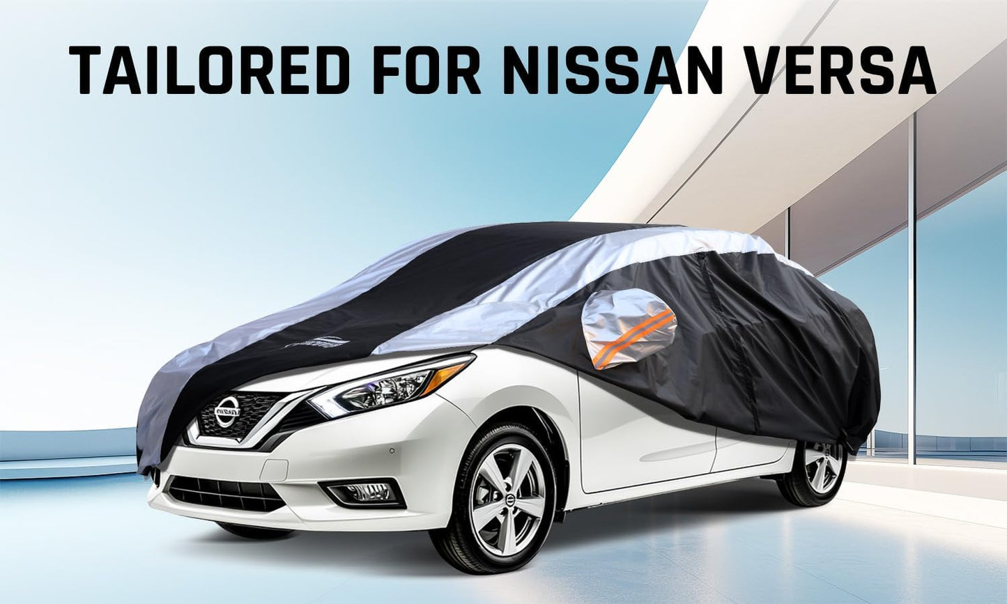 Versa Car Cover Waterproof All Weather with Silver Strip Design, Custom Fit for Versa 20012–2025, Versa Accessory with Door Zipper & Windproof Straps