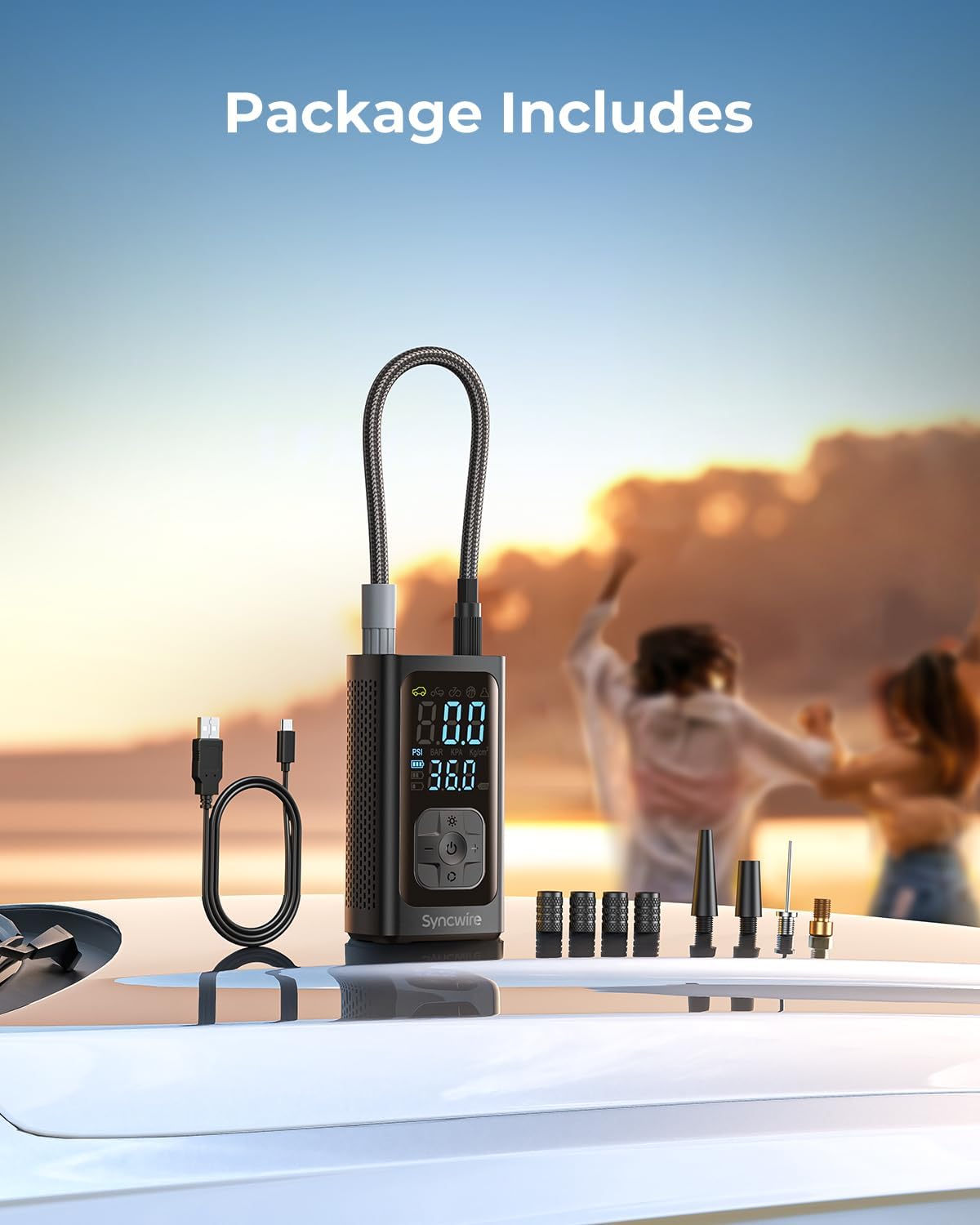Syncwire Tire Inflator Portable Air Compressor - 150PSI 2X Faster Inflation Smart Air Pump for Car Tires [Extra-Large LCD] with Digital Pressure Gauge, Auto Shut-Off for Car, Motorcycle, Bike & Balls