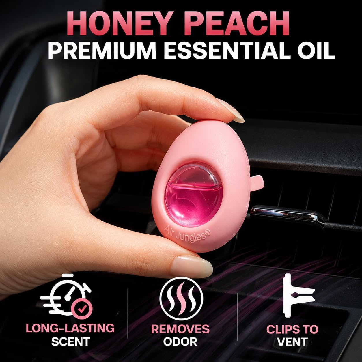 Air Jungles Car Air Freshener Vent Clip 6 Ct, Honey Peach Scent | Pink Edition, Long-Lasting Sweet Fruit Fragrance & Odor Eliminator for Car Interiors, 4 mL Each, Lasts Up to 180 Days