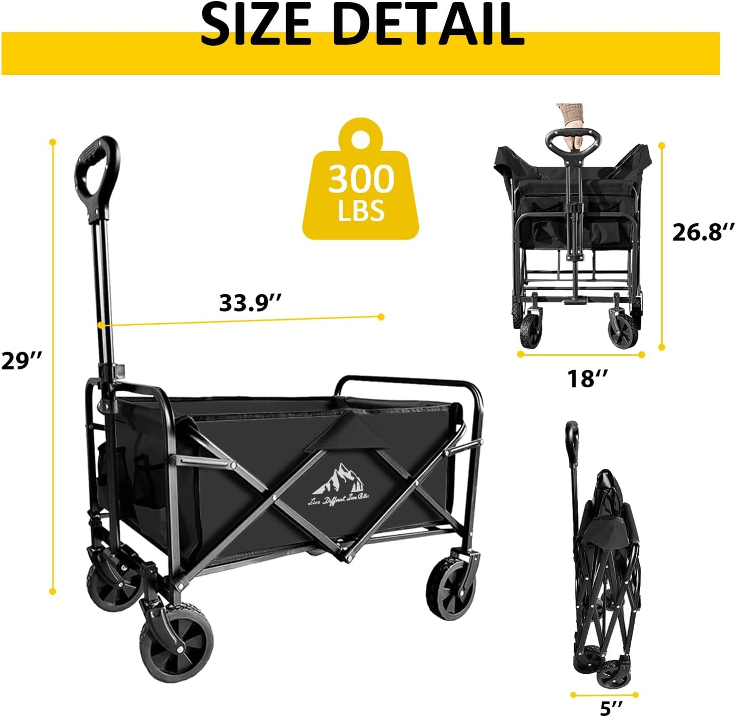 Heavy Duty Folding Wagon 320lbs Capacity, Reinforced Steel Frame Utility Cart with All-Terrain Quiet Wheels, Collapsible Outdoor Wagon for Camping, Gardening & Sports, Black